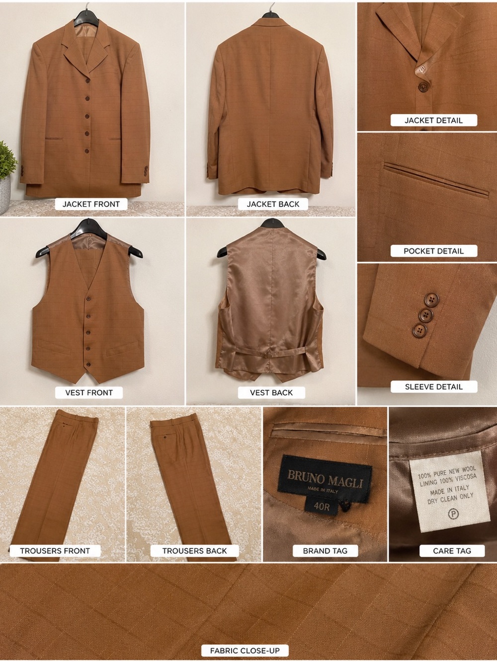 Bruno Magli Men's Three-Piece Suit in Warm Brown